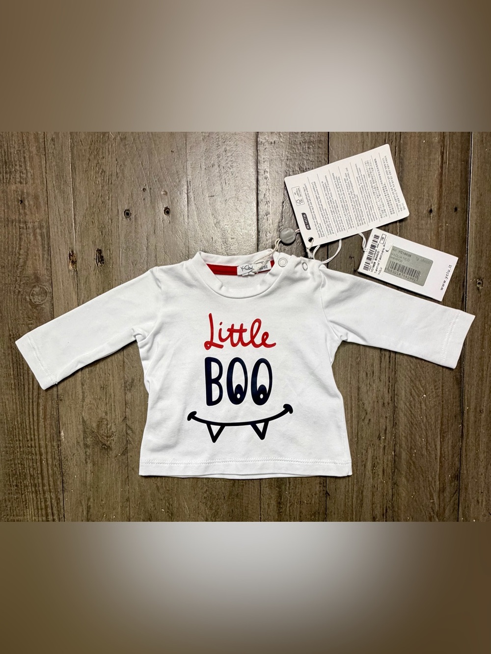NWT Y-CLU Italian Baby “Little Boo” Long Sleeve Shirt White Newborn
